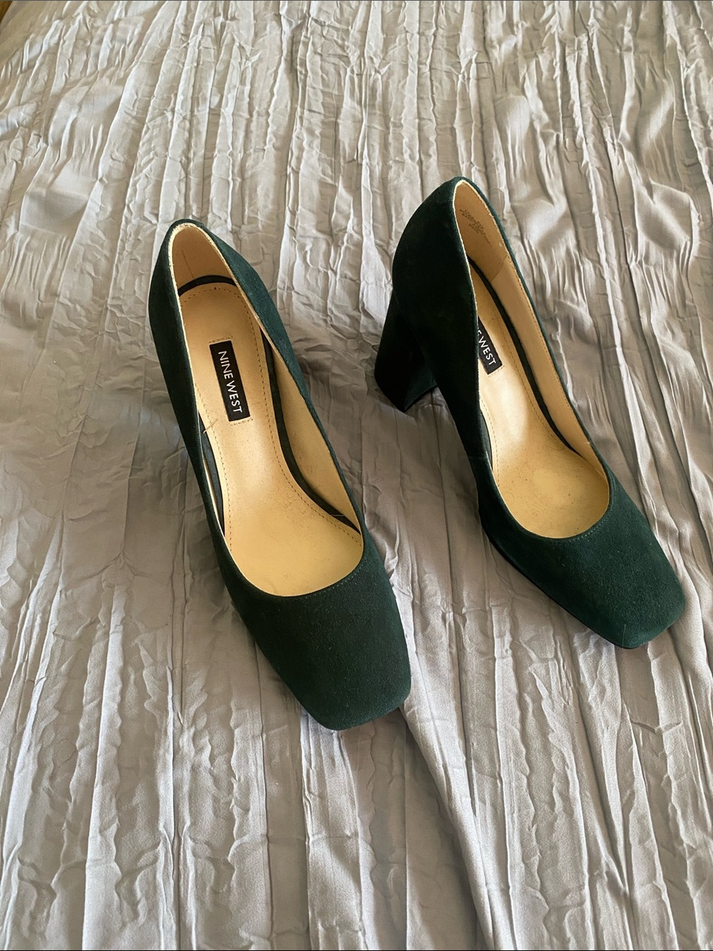 Nine West Dark Green Suede Square-Toe Block Heels